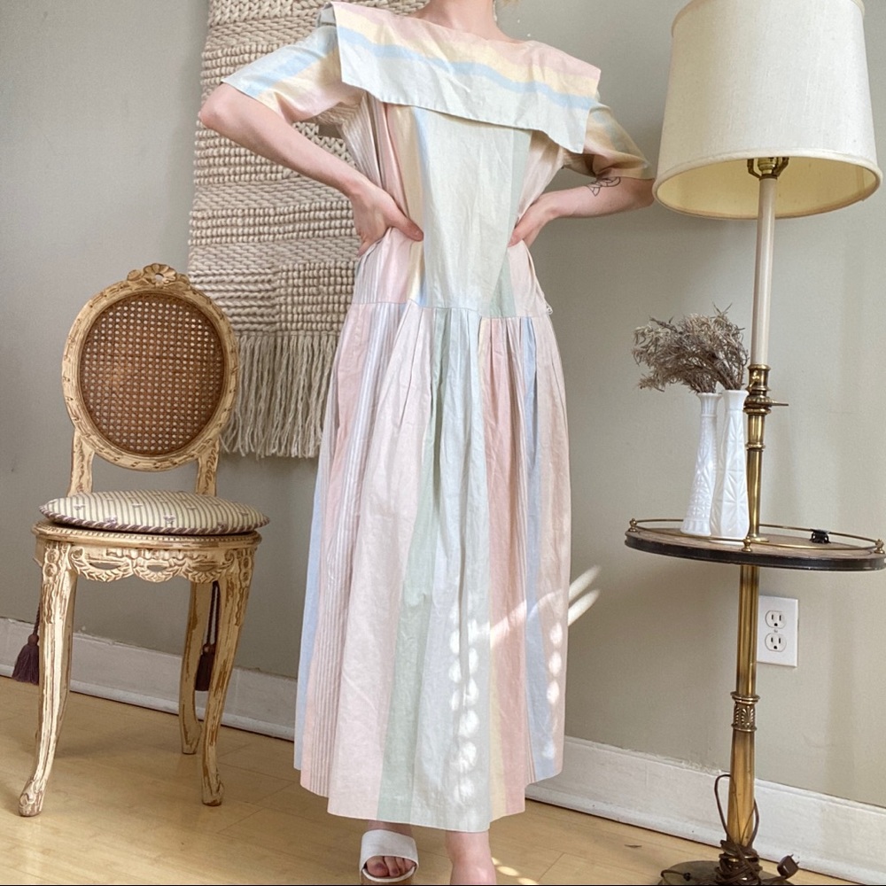 Vintage 70s/80s Pastel Striped Bib Collar Dress M